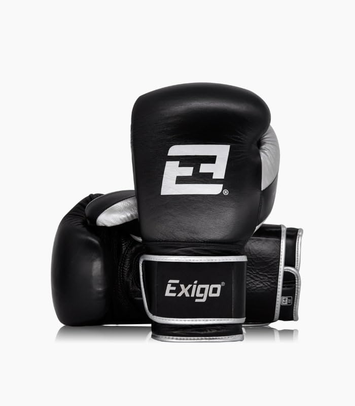 Exigo Elite Leather Hook and Loop Sparring Boxing Gloves - Black/Silver (14oz)