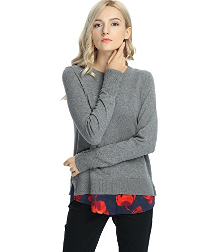 Women 2Fer Pullover Sweater Top Loose Long Sleeve Crew Neck Floral Pattern Gray ,Large