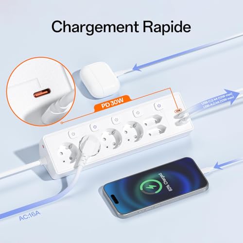 3M Power Strip with USB, 6 Power Sockets and 3 USB, PD 30W Power Strip with Surge Protection, 2 m Electric Power Strip with Switch for Desk, Office, Home