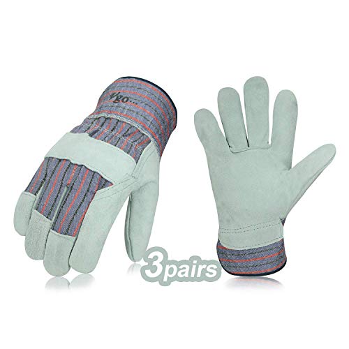 Vgo 3Pairs Cow Split Leather Men's Work Gloves with Safety Cuff (Size L,Plaid,CB3501)