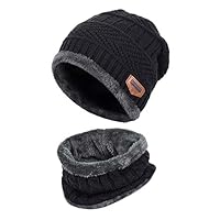 Supstar Kids Winter Warm Hat Circle Scarf 2Pcs Knitted Hat with Soft Fleece Lined Beanie Slouchy Skull Cap for Boys Girls Black