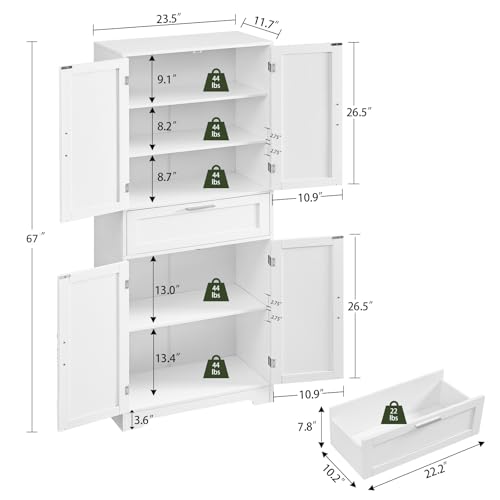 FIONESO 67" Tall Pantry Cabinet, Kitchen Pantry Storage Cabinet with 1 Large Drawer & 2 Adjustable Shelves, Freestanding Cupboard Buffet for Kitchen, Bathroom, White