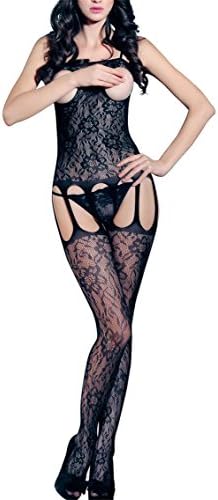 Women Sexy Crotchless Open Bust Garters Lace Bodystockings Lingerie Tights Black