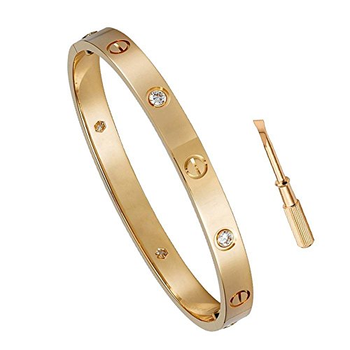 Z.RACLE Birthday Gift for Him Love Bracelet- Titanium Steel Screw Hinged Cuff Bangle Bracelet Rose Gold w/CZ Stone 7.5IN