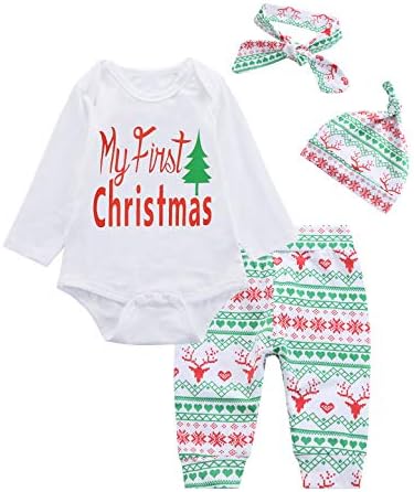 4PCS Baby Boys Girls My First Christmas Outfit Set Long Sleeve Romper