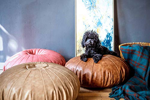 RISEON Boho Handmade Faux Leather Moroccan Pouf Footstool Ottoman Leather Poufs Unstuffed 25.6" x 9.84" -Round Floor Cushion Footstool for Living Room, Bedroom and Under Desk (Tan)