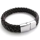 KONOV Brown Leather Mens Bracelet Bangle Stainless Steel Clasp - 8