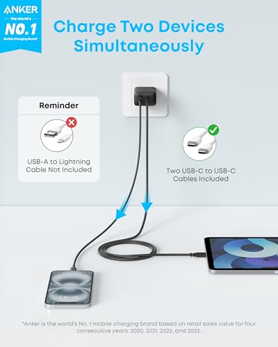 Anker iPhone 17/16 Charger, 2-Pack 20W Fast USB C Charger Block, for iPhone 16/16 Pro Max/15 Series/iPad Pro and More (Black, 2 Pack & 2 Cable)