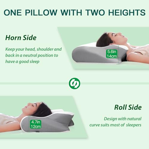 FEYIDEO Cervical Pillow, 2 in 1 Ergonomic Memory Foam Pillow Pillows for Neck Side Sleeper, Back and Mouth Down, 60 x 40 x 12/14 cm (Grey)