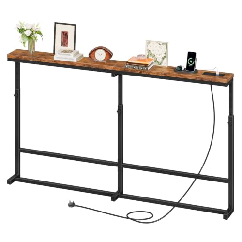 HOOBRO 160 cm Slim Console Table with Charging Station, Height Adjustable | Behind Sofa Table with Power Outlet, Long Hallway Table for Entryway, Living Room, Rustic Brown and Black EBF167KXG01