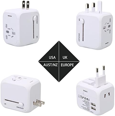 Travel Adapter, AC Adapter Charger All-in-One US UK EU AU Plugs Worldwide Universal Wall Charger with Dual USB Ports(White)