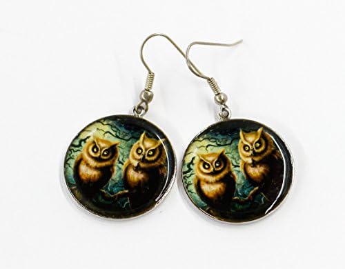 E51 Be my Valentine Fashion Handmade Cute Lovely Pair Owls Birds Dark Sea Water Blue Round Earrings Valentine's Day Gift for Women Unique Exlusive Photo Print Epoxy jewelry