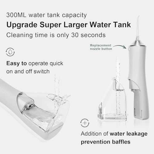 Water Flosser for Teeth Cordless, 300ML Portable Oral Irrigator with Screen Display, 3 Intensity Modes and 3 Flossing Tips, 60-Day Battery Life，IP68 Waterproof Dental Flosser for Home