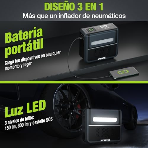 Compresor Aire Portátil 3 en 1, Luz LED Power Bank