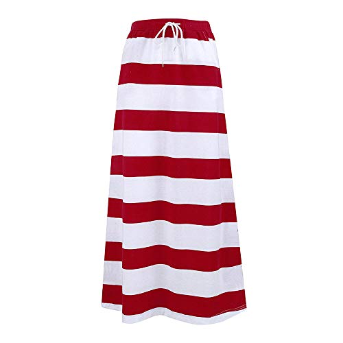 Clearance! Elogoog Womens Casual Elastic Waist Stripe Skirt Stretch Hight Waist Stripe Maxi Long Skirts with Pockets (L, Red) - Thumbnail 3