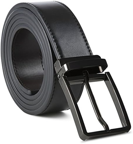 Mark Fred 100% Leather Dress Belt Grade A Genuine Italian Leather Reversible,Black/Brown Strap Black Buckle,Large