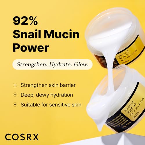 COSRX Snail Mucin 92% Face Moisturizer, 3.52 Oz, Lightweight Moisturing Cream for Soft, Glowy Skin, Korean Skin Care, Korean Moisturizer Face Cream, Stocking Stuffers for Women