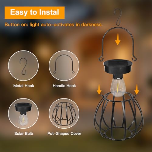 Dehobo Outdoor Solar Lanterns – Pot Shape Solar Lamp IP65 Waterproof 2 Pieces – Metal Solar Lights Outdoor Garden Vintage Hanging for Garden, Balcony, Camping and Decoration, Halloween