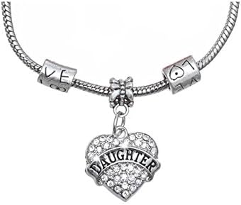 Misswish Bling Crystal Clear Zircon Pave Heart Love European Charm Bead Snake Chain Bracelet Extender Gift from Daughter