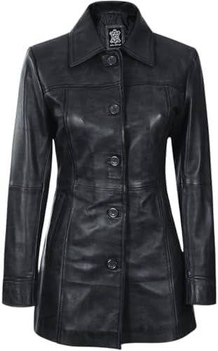 Denny&Dora Women's Black Leather Trench Coat with Real Fox Fur