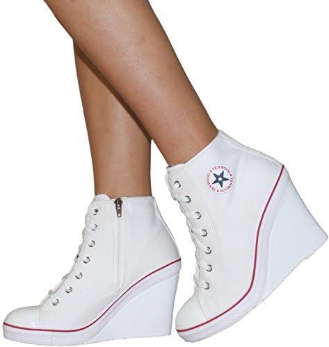 TENWOOD Women's Canvas Lace up High Heel Wedge Side Zipper Fashion Sneakers MultiShoe (6 US Women, White)