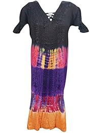 Womens Summer Dress Tie- Dye Colorful Embroidered Lace Work Beach Cover Up Sundress