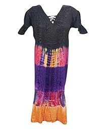Mogul Womens Lounge Dress Multi Tie-Dye Embroidered Caftan Dress / Cover Up