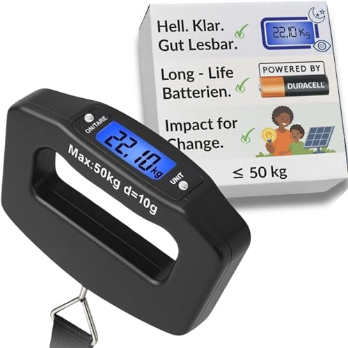 Villageboom Digitale Kofferwaage Mit Praktischem Haltegurt – Bis 50 Kg Mit Großem Display &Amp; Tara-Funktion, 2 × Aaa-Markenbatterien Für Lange Laufzeit – Unterstützt Solarprojekte In Afrika