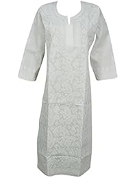 Womans Indian Tunic Cotton Paisley Chikankari Handcrafted Kurta Caftan White Dress