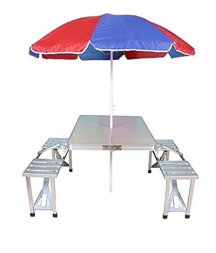 KRIS TOY Aluminium Portable Folding Picnic Table and Chairs Set with Umbrella (Silver)