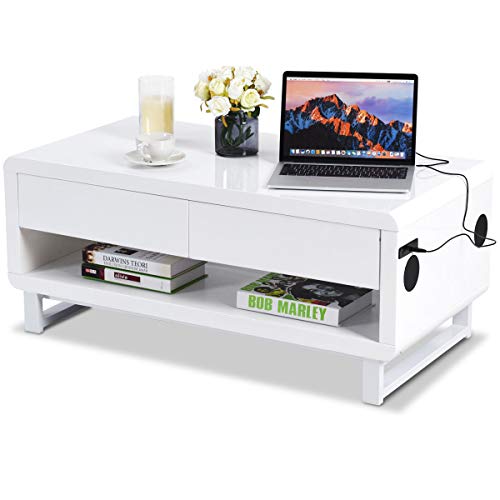 Tangkula Modern Coffee Table, W/Drawer Lights USB Charging Port/Built