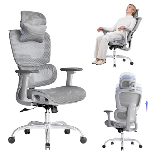 LarkLeaves Chaise de bureau ergonomique pivotante en maille avec support lombaire 2D et appui-tête 3D avec cintre, fonction bascule à 145°, accoudoirs 3D, pour le bureau à domicile, gris