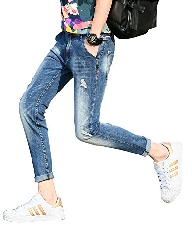Plaid&Plain Men's Stretch Skinny Jeans Distressed Jeans Ripped Cropped Jeans 512Blue 27