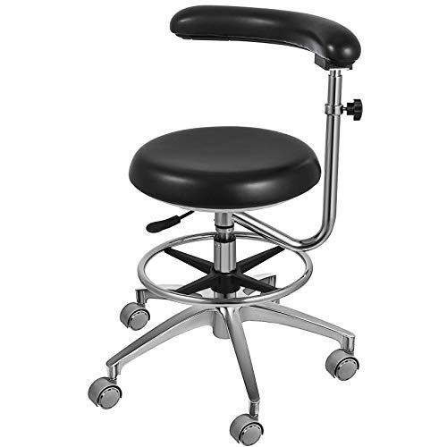 Aries Outlets Black Dental Assistant Stool 360Â° Rotation Armrest PU Leather Backrest Medical Office
