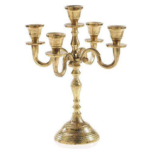 Gold Candelabra Taper Candle Holder, Centerpiece Table Decor, 15 Inches Tall, Distressed Brass Metal Candelabra - Thumbnail 3