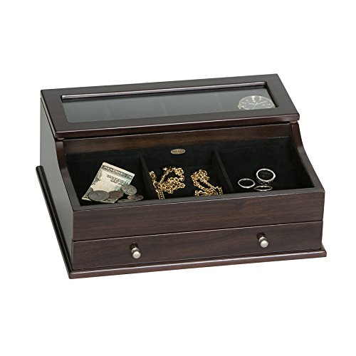 Mele & Co. Hampden Men's Glass Top Wooden Dresser Top Valet (1 Drawer, Mahogany Finish)