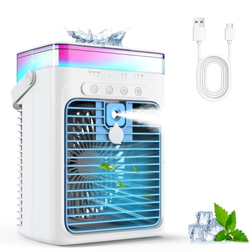 Portable Air Conditioner, 3-in-1 Evaporative Air Cooler with 3 Speeds & 2 Mist Modes, 1000ml Personal Mini AC Unit, USB Small Cooling Fan with RGB Night Light & Timer for Bedroom Office Car (Blue)