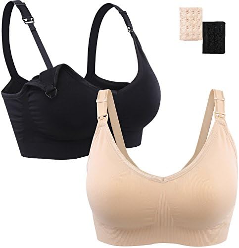 Athaelay Women Nursing Bras Full Cup with Removeable Padded for Maternity/Breastfeeding, Black and Beige 2Pack, X-Large