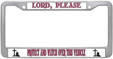 Dongsmer LORD, PLEASE PROTECT AND WATCH OVER THIS VEHICLE Popular License Plate Frame Stainless Steel Unique Car License Plate Covers With Bolts Washer Caps