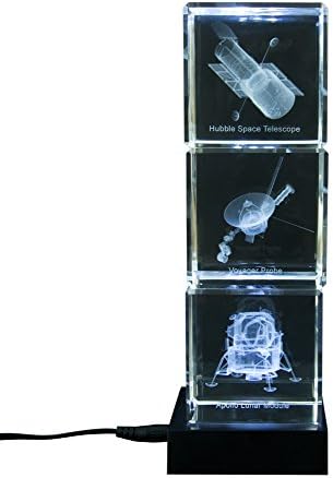 NASA Spacecraft Voyager Probe, Apollo Moon Lander and Hubble Space Telescope Crystal Glass Cube Decoration Set of Three with LED Lighted Base