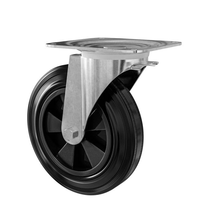 Amig - Wheel with Metal Plate | Polypropylene Core and Black Rubber Tread | Diameter 200 mm x Thickness 50 mm | Load Capacity up to 200 kg | Ideal for Containers