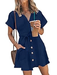 Dearlove - Mini vestido de verano con cinturón y bolsillo para mujer, cuello en V, con botones