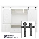 SMARTSTANDARD 8FT Mini Sliding Barn Door Hardware Kit, for for Double Opening Cabinet TV Stand Closet, Black, Two-Piece Track Rail, Easy to Install, Fit 32
