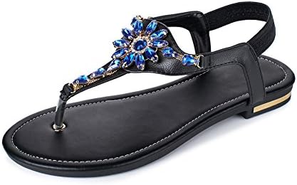 Noebo Women's Leather Jeweled Summer Thong Sandals Flip Flops Black 40 8.5 D(M) US