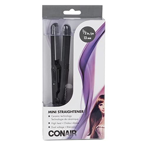 Conair Mini Pro CS80XAC 1/2-Inch Hair Straightener, 56°F (180°C) High Heat, Dual Voltage, 13mm Flat Iron, Black, Travel flat iron