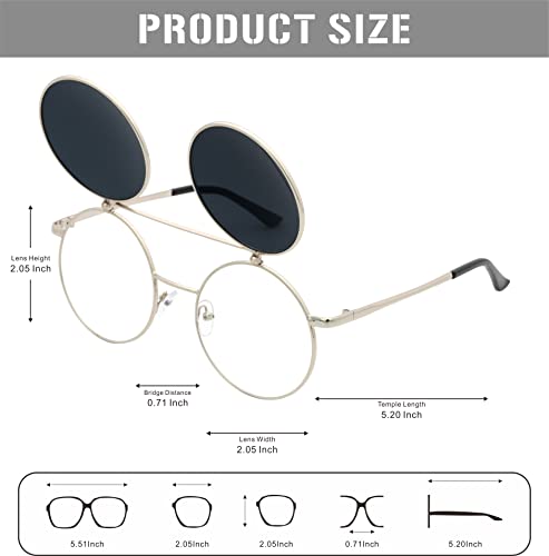 J&L Glasses Retro Flip-Up Round Goggles Seampunk Sunglasses (Silver,Black, Clear)