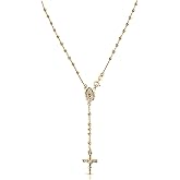Savlano 925 Sterling Silver Italian Solid Bead Chain Cross & Rosary Virgin Mary Pendant -18K Gold Plated Y Necklace Comes With Gift Box for Women - Made in Italy
