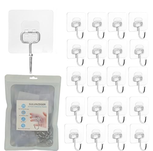 SULUNZEGER Adhesive Wall Hooks, Sticky Hook Hangers for Hanging Heavy Duty, Stick Hanger 20Kg Max, No Drill Strong Self Sticker Holder for Door, Organizer, Bathroom, Kitchen, Transparent, (20Pack)