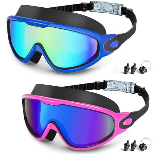 Adult Swim Goggles 2 Pack, Anti-Fog Pool Swimming Goggles with 180° Wide View, UV Protection Leakproof Goggles for Men Women Youth