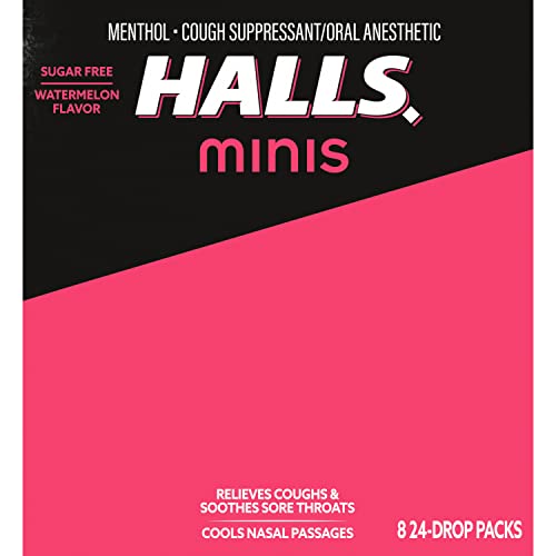 HALLS MINIS WATERMELON FLAVOR SUGAR FREE COUGH DROPS, 8 PACKS OF 24 DROPS (192 DROPS TOTAL)